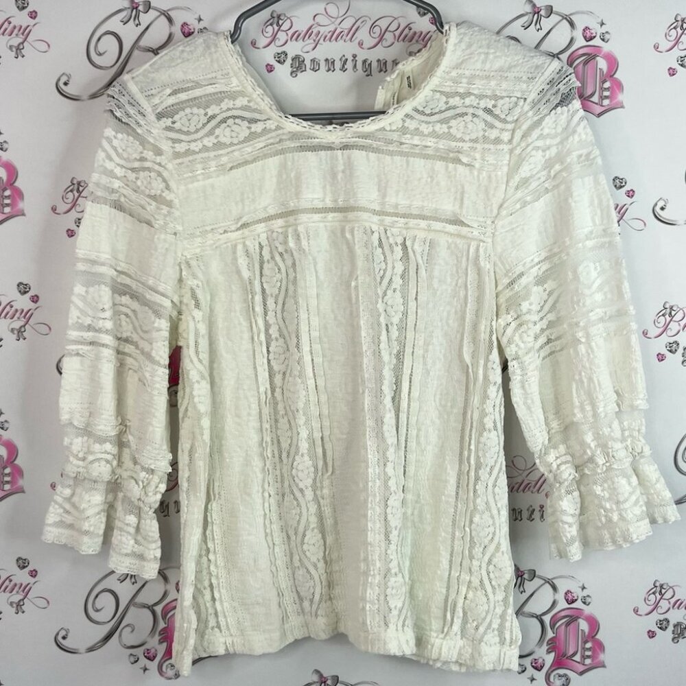 Anthropologie top long sleeves Lacie white boho keyhole Cream Lace Blouse